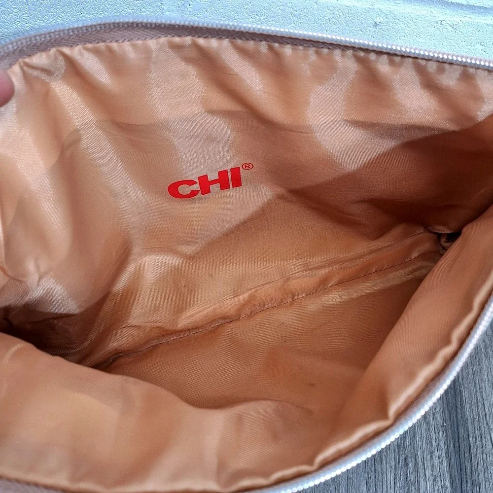 CHI Rose Gold Metallic Makeup Bag Zipper Clutch Travel Pouch Fold Over Rose Gold